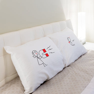His and hers pillowcases featuring playful magnet design, ideal as a magnet themed anniversary gift