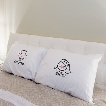 His and hers couple pillowcases featuring Bride and Groom designs, perfect couple gifts for newlyweds