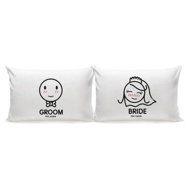 His and hers pillowcases featuring Groom and Bride designs, perfect couple gifts for newlyweds