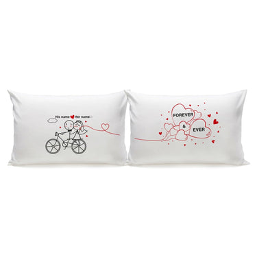 His and hers pillowcases with cartoon designs, perfect as unique wedding keepsakes for couples