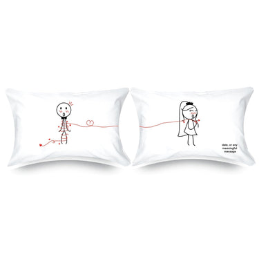 His and hers pillowcases featuring whimsical couple designs, perfect custom wedding keepsakes