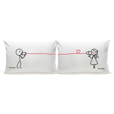 Cute couple pillowcases featuring playful stick figure designs with names and a love heart