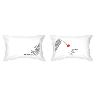 Cute couple pillowcases Pisa Tower design featuring personalized names and playful illustrations