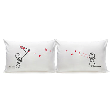 His and hers pillowcases featuring cute stick figures with hearts, a cute cushion for lovers.