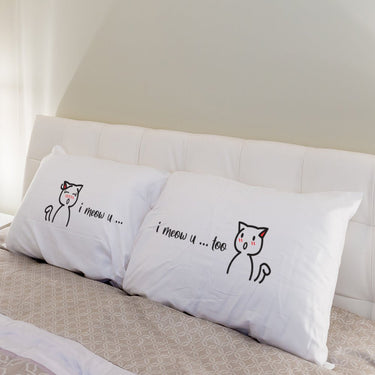 His and hers pillowcases featuring cute cat illustrations with the phrase I meow u funny pet-themed home decor