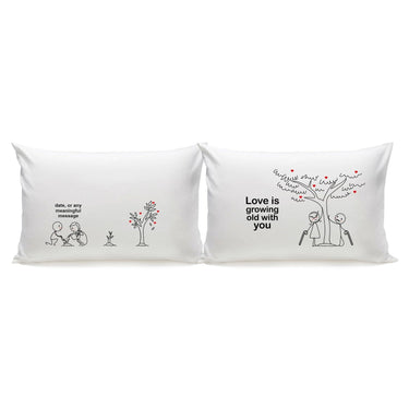 His and hers pillowcases with 'Love is growing old with you' design, perfect couple gift ideas for lasting love