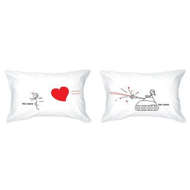 His and hers pillowcases with funny love pillow design featuring tanks and hearts