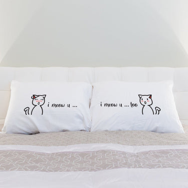 His and hers pillowcases with cute cat illustrations and text, perfect for funny pet-themed home decor