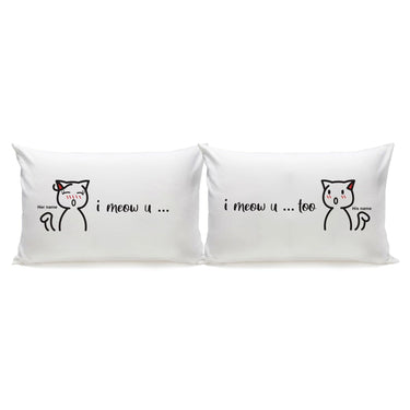 Funny pet-themed home decor with 'I Meow You' pillowcases for couples, perfect for cozy home settings