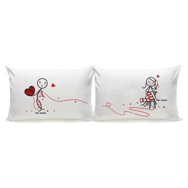 His and hers personalized anniversary gifts pillowcases featuring cute couple illustrations and customizable names