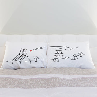 His and hers pillowcases featuring 'Home is where the meow is' design, perfect personalized gifts for cat lovers
