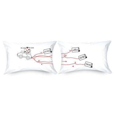 Personalized just married pillows set featuring whimsical car design and couple's names for newlyweds
