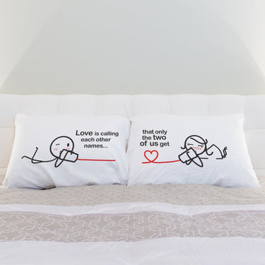 Funny couple pillowcases reading Love is Calling, Please Don't Hang Up, perfect funny couple gift ideas