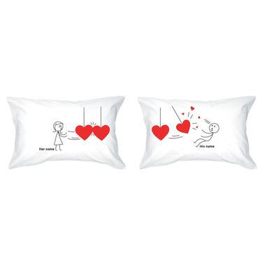 His and hers pillowcases featuring funny heart-themed decorations with customizable names