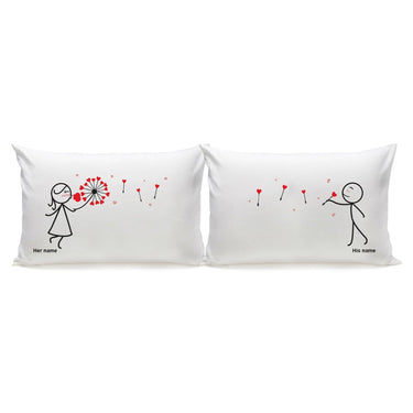 His and hers pillowcases with cute couple illustrations, perfect heartfelt anniversary keepsakes.