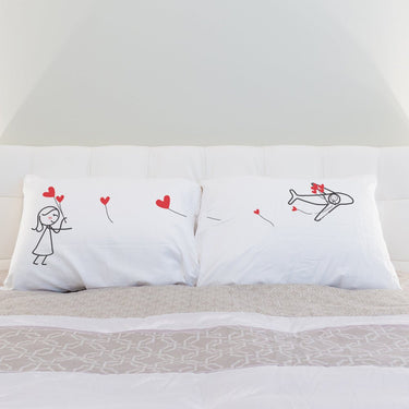 His and hers pillowcases featuring cute illustrations, perfect personalized romantic keepsakes for couples