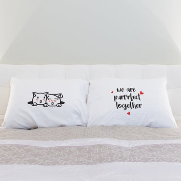 His and hers pillowcases featuring whimsical cats with romantic cat-themed keepsakes design