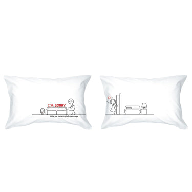 His and hers Sorry Snuggles funny apology pillow featuring playful designs for romantic settings