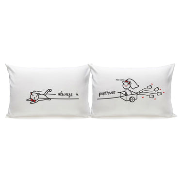 His and hers long pillowcases featuring playful cats, perfect as a wedding gift for cat lovers.