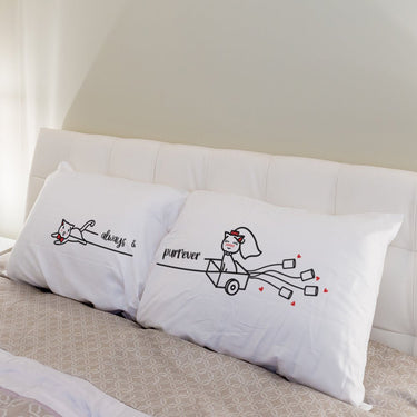 His and hers long pillowcases with cute cat design, perfect as a wedding gift for cat lovers