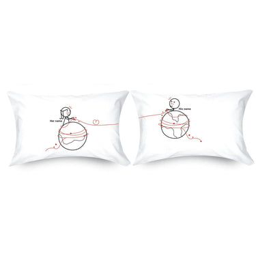 His and hers pillowcases designed as a long distance relationship gift with sweet cartoon illustrations