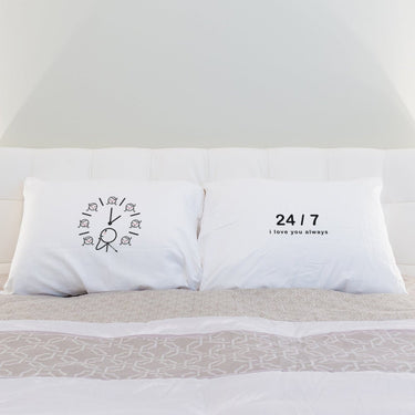 His and hers love-inspired pillow decor featuring playful designs and heartfelt messages