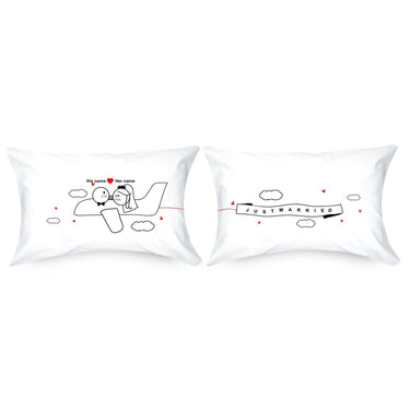 His and hers pillowcases with a love theme, ideal as Love Takes Flight unique wedding gifts for him and her