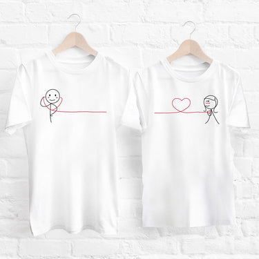 Matching love T-shirts featuring cute couple illustrations with a heart design