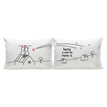 His and hers pillowcases featuring whimsical cat design, perfect personalized gifts for cat lovers