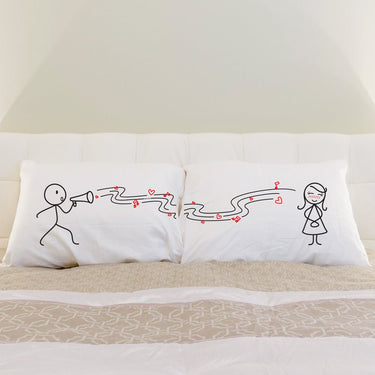 His and hers pillowcases with playful designs, perfect personalized love gifts for couples