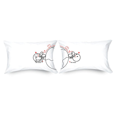 His and hers pillowcases with custom illustrations, perfect personalized romantic gifts long distance love relationship.