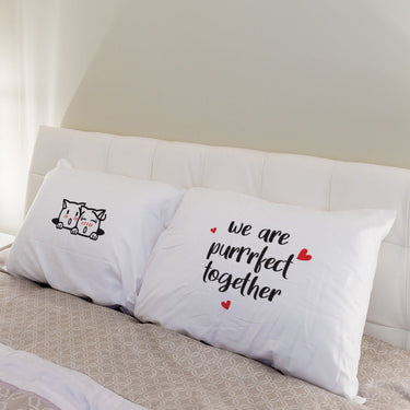 His and hers cat-themed pillowcases with romantic designs, ideal romantic cat-themed keepsakes