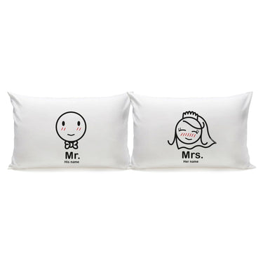 His and hers pillowcases featuring cartoon characters, perfect for unique wedding decorations