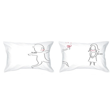 His and hers pillowcases with cute couple designs, perfect as wedding keepsakes decor for newlyweds