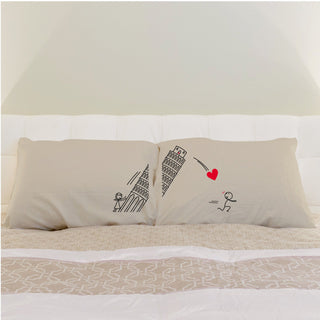Couple's pillow covers featuring Pisa Tower physics design with playful artwork