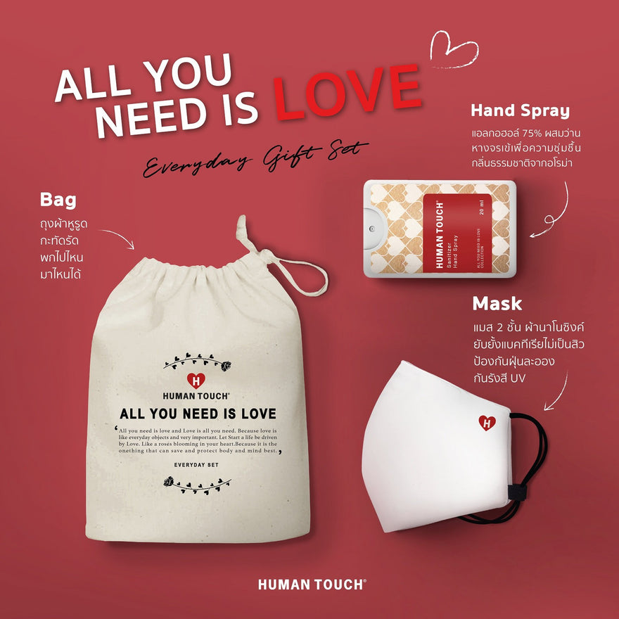 All You Need Is Love gift set featuring a bag, hand spray, and mask for covid 19 love-inspired gift sets