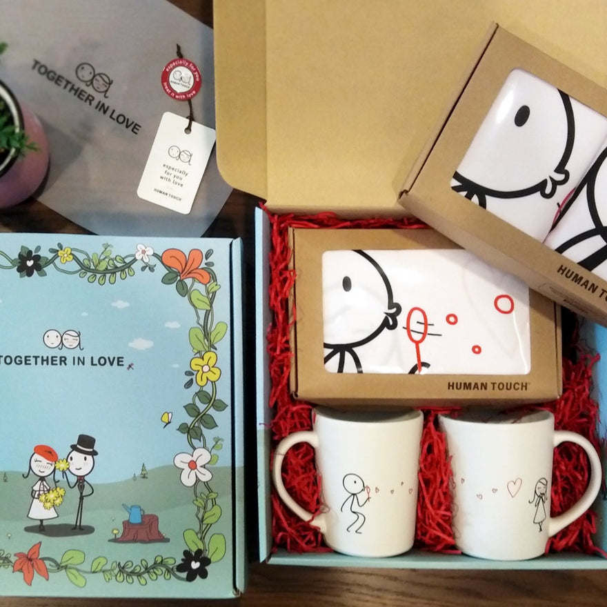 Customized keepsakes gift set with personalized pillowcases and coffee mugs celebrating love