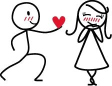 Illustration of a stick figure giving a heart to a girl, representing Love Is Giving Charity Project feedback