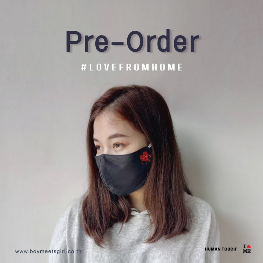 Personalized fabric mask pre-order featuring a woman wearing a stylish black mask with embroidery