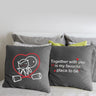 Set of dark grey decorative cushions with bunny heart and “Together with you” text