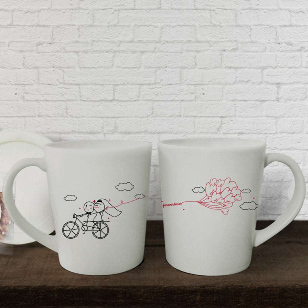 Delight your loved ones with a charming pair of hand-drawn white mugs, perfect for celebrating anniversaries or as thoughtful gifts for him and her.