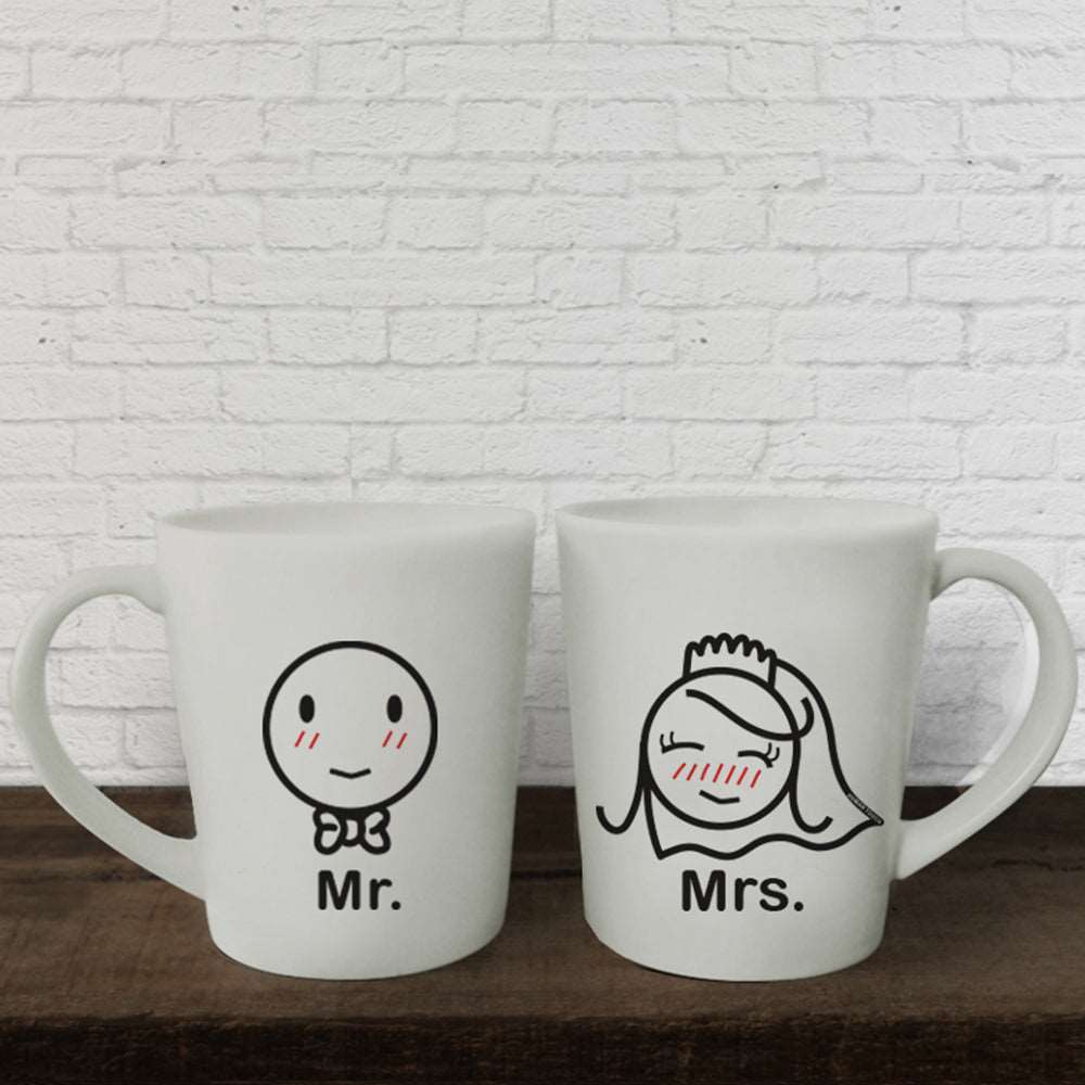 Enhance your gifting experience with these delightful hand-drawn designs on a pair of elegant white mugs, perfect for couples and anniversaries.