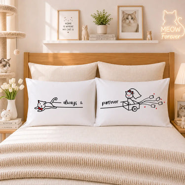 White couple pillowcases with cartoon cat and “forever” text print, set of two
