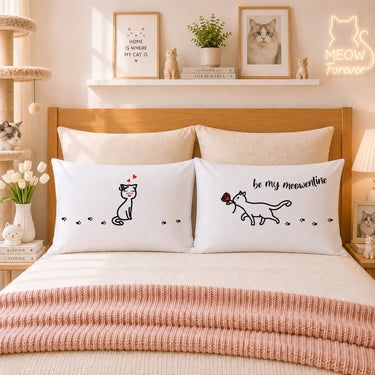 White couple pillowcases with cat illustrations and “be my meowentine” text