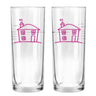Couple housewarming glassware set featuring tall glasses with cute house designs in pink