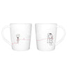 Pair of white ceramic mugs with red line-art figures and hearts
