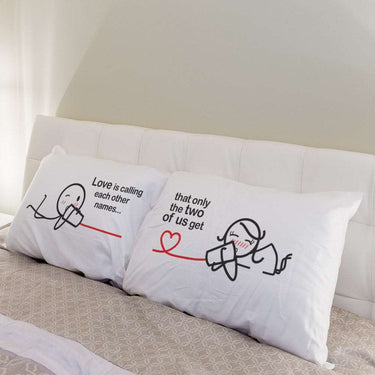 Funny his and hers pillowcases with cute illustrations, perfect funny couple gift ideas