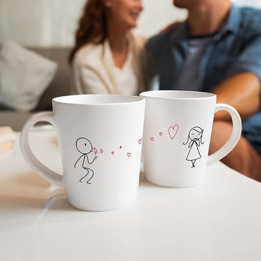 Two Heartfelt Anniversary Gifts Coffee Mugs Boy Meets Girl with cute illustrations for couples