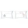 Two white pillowcases with red heart-line, bike icon, and her name/his name text
