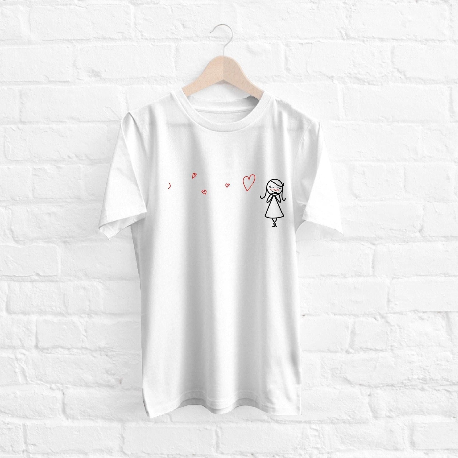 How about this: A stylish white tee featuring a charming hand-drawn illustration, perfect for couples and anniversary gifts!
